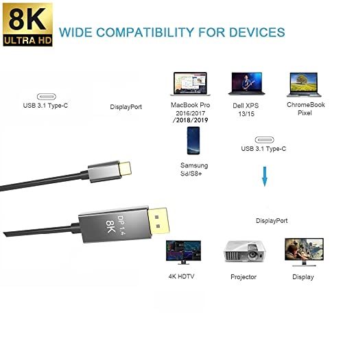 Image of USB C to DisplayPort Cable 1.4,8K 4K Thunderbolt 3 to DisplayPort Adapter 6.6FT(4K 60Hz /144Hz /120Hz,2K 240Hz) 32.4Gbps HDR Support Compatible with Mac-Book Pro /Air,Surface Book,XPS 15 /13 More