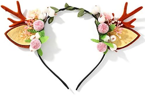 Unicra Christmas Headband Flower Antlers Headband Headwear Elk Deer Animal Horns Hair Piece Headdress Halloween Hair Accessories for Women and Girls (01)