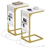 TUTOTAK C Shaped End Table with Charging Station, Side Table for Sofa, Couch Table with Storage Bag, Set of 2, TV Tray Table with 2 USB Ports and Outlets for Living Room, Bedroom, TB01BWG0242