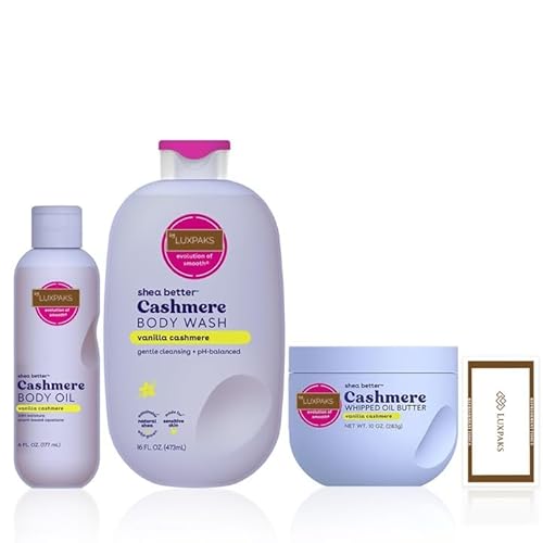 Lingette nettoyante livrée avec E.O.S Trio de soins corporels Vanille Cachemire – Gel douche, huile fouettée et huile pour le corps – par Luxpaks