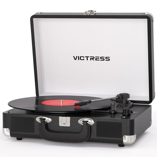 VICTRESS Vinyl Record Player with Bluetooth in/Out, Vintage Portable Suitcase Record Player, 3-Speed LP Turntable with USB Vinyl-to-MP3 Conversion, Stereo Speakers, RCA in & Headphone Jack, Black
