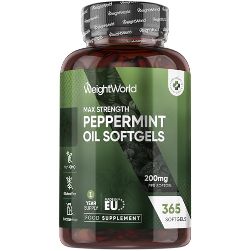 Peppermint Oil Capsules 200mg - 1 Year Supply - 365 Softgels - Easy to Consume - 1 Per Day - Peppermint Oil Softgels - Lactose-Free & Gluten-Free Supplement - Non-GMO & GMP-Approved