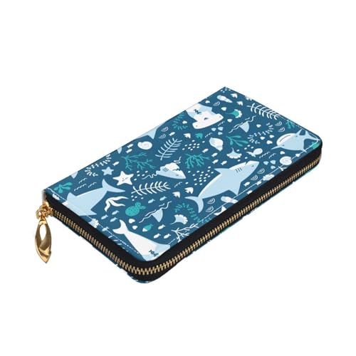 Leather Wallet For Women And Men Cute Sharks And Sea Plants Clutch Purse Wristlet Bag Credit Card Holder Wallet3