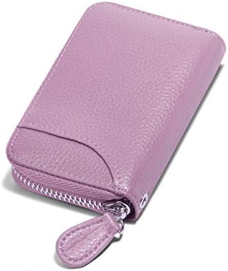 Womens Credit Card Holder Wallet Zip Leather Card Case RFID Blocking Ladies Small Blocked Accordion Wallets with Stainless Steel Zipper Woman Compact Accordian ID Cards Bag (Pink/ Purple/ White)