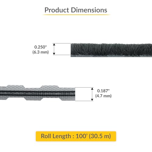 Brixwell Zipper Pile Weatherstrip - 100\' Roll, 0.250\" Pile Height, Zipper Weatherization Seal for Windows & Doors, Gray Finish, Weatherstrip Replacement, Door Weather Seal