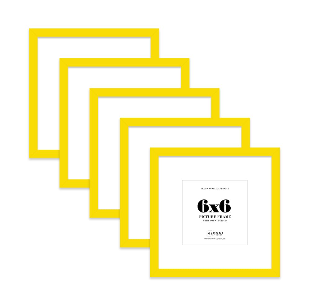 6x6 Yellow Picture Frame with Mount for 4x4 Photos, Prints - Modern Square Wall Frame, Set of 5