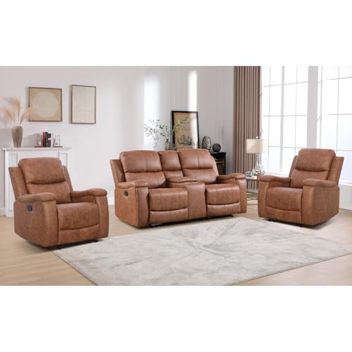 Image of CANMOV Faux Leather Manual Reclining Sofa Set, 2 Manual Single Recliner Chairs and 2 Seat Recliner Loveseat with Center Console, Hidden Storage and Cup Holders for Living Room,Bedroom Furniture,Brown