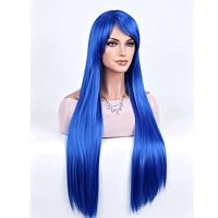 Gairyan Perücke Königsblau mit Pony Lang Glatt Anime Cosplay Perücke Damen, 80cm Blue Wig für Frauen Mädchen Hitzebeständig Synthetische Lockige Perücken Halloween für Karneval Kostüm Party Tägliche – Ansicht 4