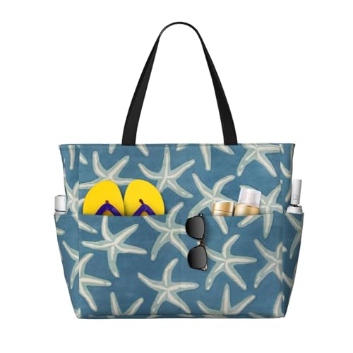 Starfish Coastal Wool Print Large Capacity Beach Travel Bag with Zipper and Pockets for Camping Travel Gym
