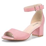 IDIFU Women's Pink Chunky Pump Heel Sandals Peep Toe Low Block Ankle Strap Wedding Formal Dress Heels Shoes