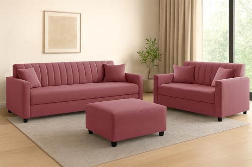 Image of 3+2 Fabric Sofa Set with Ottoman for Living Room | Modern Upholstered 5-Seater Couch | Soft Cushion, Premium Velvet Fabric-Rose Pink