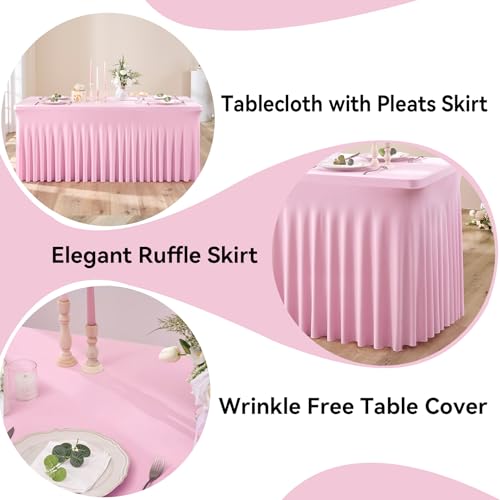Image of 6 pk Baby Pink Spandex Tablecloth 8ft With Ruffled Table Skirt, Wrinkle Free Stretchy Fitted Tablecloths for 8 Foot Rectangle Tables, Elastic Spandex Table Covers for Weddings Parties Banquet