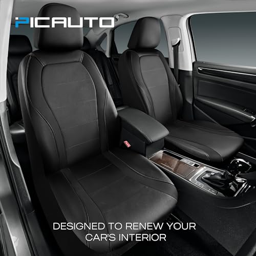 PIC AUTO Leather Car Seat Covers, Premium Automotive Waterproof Two Front Bucket Seat Protectors, Black and Black PVC Patchwork, Fits Cars, Trucks, Vans, SUVs, Airbag Compatible - Image 3