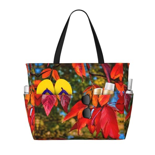 Large Capacity Beach Bag Waterproof Pool Tote for Gym Swimming Camping Carry On Bag Fall Red Leaves Print