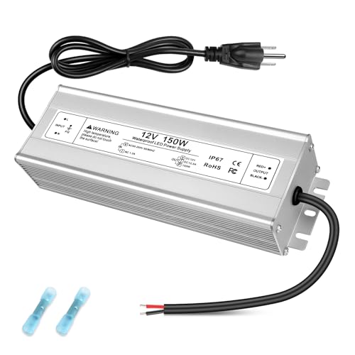 Image of 12V 150W LED Power Supply, IP67 Waterproof LED Driver, AC 110V to DC 12 Volt 12.5A Low Voltage Transformer Converter for Outdoor LED Strip & Landscape Lighting, 3-Prong Plug with 3.3FT Cable