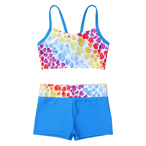 MSemis Girls' Kids 2-Piece Sport Dance Outfit Crop Top with Booty Shorts Gymnastics Leotard Dancing Swimwear Sky Blue Heart 5-6 - Thumbnail 3