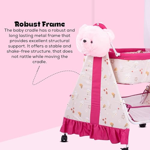 Image of BAYBEE CozyNest Baby Cradle and Swing Jhula for Newborn Babies with Removable Mosquito Net, Washable Fabric, Lockable Wheels & Safe Sleeping Bed Crib for Infants Up to 2 Years (Pink)