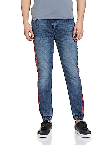 Image of The Indian Garage Co Men Slim Fit Solid Mid-Rise Stretchable Denim Joggers
