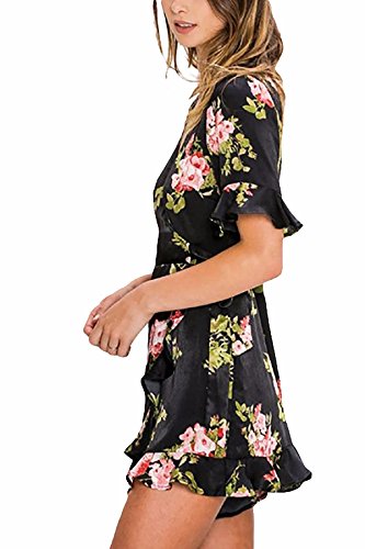 Jealous Tomato Women's Junior Black Satin Floral Print Romper Jumpsuit JP3903 (S)