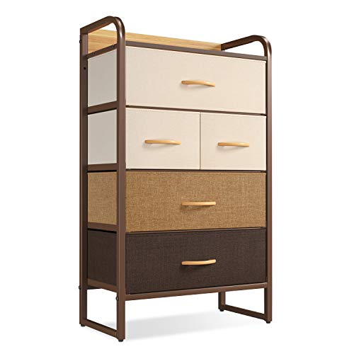 CubiCubi Dresser Storage Tower, 5 Drawers Fabric Organizer Unit for Bedroom Hallway Entryway Closets, Small Dresser Clothes Storage with Sturdy Steel Frame Wood Top, Chocolate
