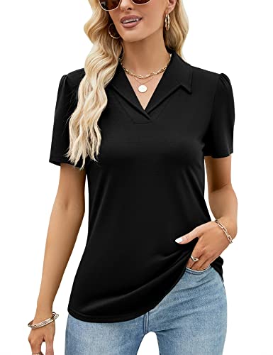 Luyaa Women's Short Sleeve Tops V Neck Notch Collared Polo Shirt Casual Blouse Soft Golf Tee Shirts Black L #TOP15