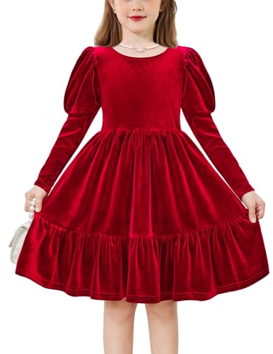Arshiner Toddler Velvet Dress Girls Puff Long Sleeves Crew Neck Party Fall Winter Ruffle Dresses with Pockets 2-8Y