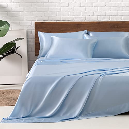 Image of MR&HM Satin Bed Sheets, Queen Size Sheets Set, 6 Pcs Silky Bedding Set with 15 Inches Deep Pocket for Mattress (Queen, Light Blue)