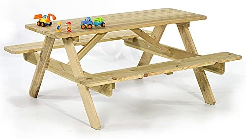 BrackenStyle Children’s Picnic Table – Garden Play Bench Curved Edges For Safety – 4/6 Child (Scandinavian Pine)
