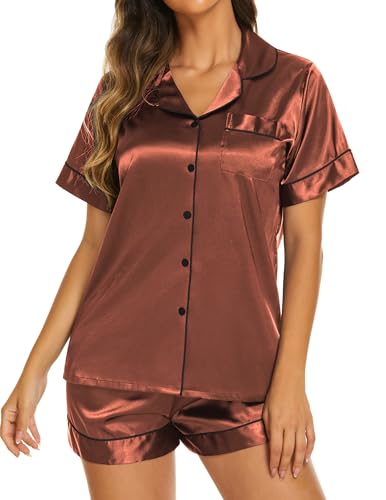 Image of Ekouaer Silk Pajamas for Women Short Sleeve Sleepwear Soft Button Down Loungewear 2 Piece Satin Pjs Shorts Set