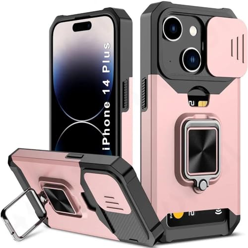 Image of LuxuryKase Shockproof Armor Case for iPhone 14 Plus | Slide Camera Cover | Hidden Card Slot | Rotating Ring Kickstand | Magnetic Car Mount Support | Military Grade Protection - Rose Gold