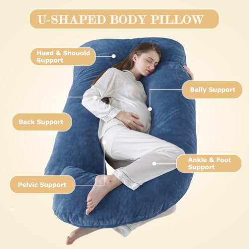 Image of WhatsBedding Pregnancy Pillows for Sleeping, J Shaped Full Body Maternity Pillow for Adults, Memory Foam Filling Support for Back, Legs, Belly, HIPS for Pregnant Women (Blue)