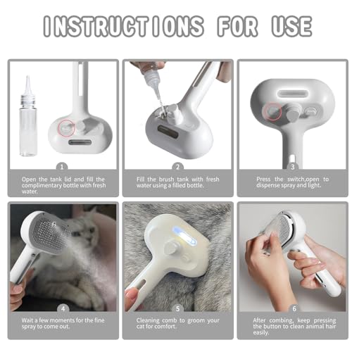 Susu & Wuwu Spray Cat Brush for Shedding - Water Brush for Cats and Dogs - Pet Hair Removal Comb with Water Tank and Release Button - White