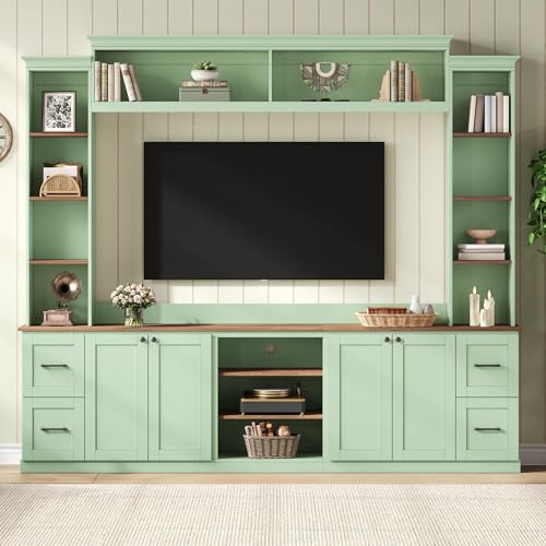 Image of 94.8 inchL Large Entertainment Center with Bookshelves and Drawers for TVs Up to 70'', Wall Unit Entertainment Center with Adjustable Shelves and Cabinet, Minimalist TV Stands for Living Room Mint Green