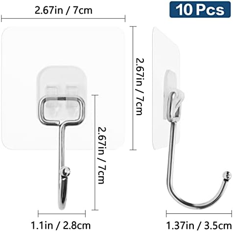 10 Pcs Adhesive Hooks Heavy Duty 44lb/20kg(Max), Large Size Sticky Hooks Clear Strong Adhesive Hooks Nail Free Strong Wall Hooks Adhesive for Bathroom Home Kitchen and Office