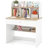 GYMAX Wooden Kids Desk, Children Study Table with Storage Shelf, Drawer and Hutch, Student Writing Desk for Reading, Studying, Drawing (White + Natural)