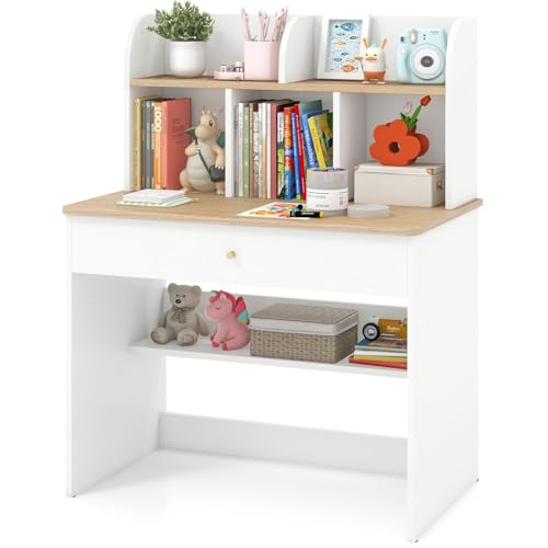 GYMAX - GYMAX Wooden Kids Desk, Children Study Table with Storage Shelf, Drawer and Hutch, Student Writing Desk for Reading, Studying, Drawing (White + Natural)