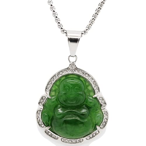 Stainless Steel Good Luck Laughing Buddha Created Imitation Jade Pendant Necklace