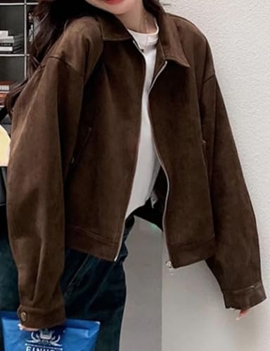 Mywinway Suede Jacket for Women 2025 Fall Winter Cropped Y2k Oversized Faux Leather Crop Blazer Jackets3