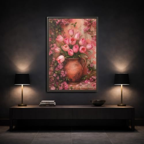 Tulipes roses tableau salon au-dessus de la console 60x90