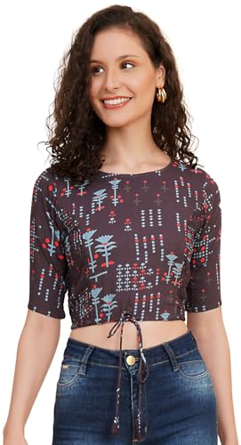 Image of Yash Gallery Women's Rayon Floral Printed Regular Blouse (7012YKBLSGREY, Grey, 3XL)