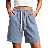 Bermuda Shorts for Women Long Knee Length Jean Shorts with Pockets Denim Stretchy Elastic Waist Jorts Casual Lounge Workout Walking Pull On Summer Pants Baggy Wide Leg Pants Streetwear Plus Size