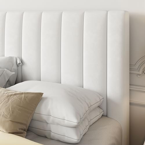 Allewie Queen Bed Frame with Velvet Upholstery and Tufted Headboard/Strong Wooden Slats/Easy Assembly - White