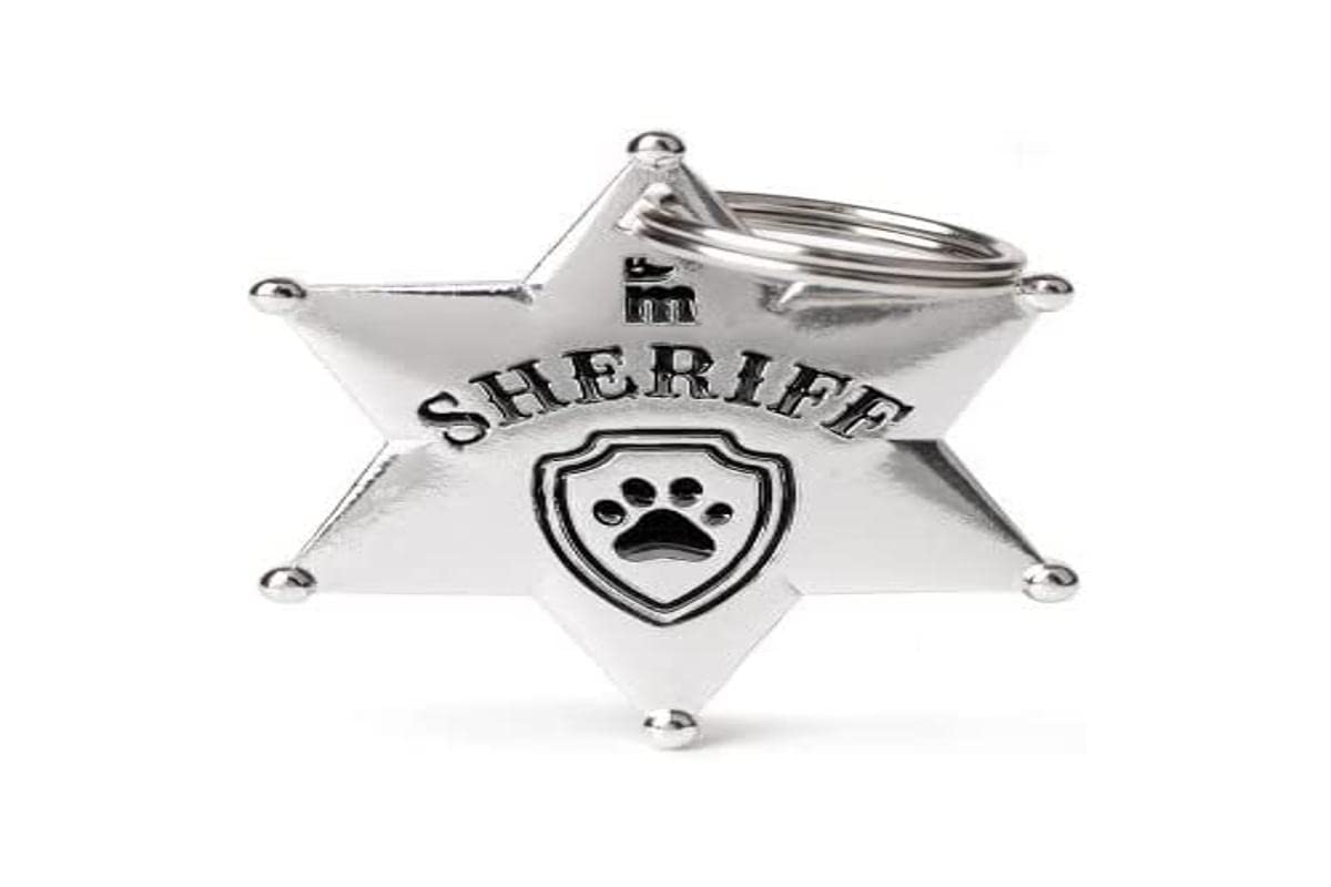 My Family Placa de Identificación personalizado para perro Made in Italy, Estrella de Sheriff, Placa de identificación de Perro Grabada Gratis, Bronce Blanco Esmaltado, Colección Bronx