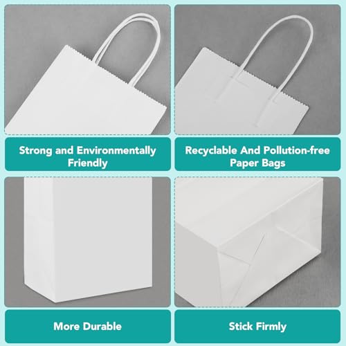 Image of XPCARE White Paper Bags with Handles, 100Pcs 5.25x3.25x8.25'' Kraft Bags