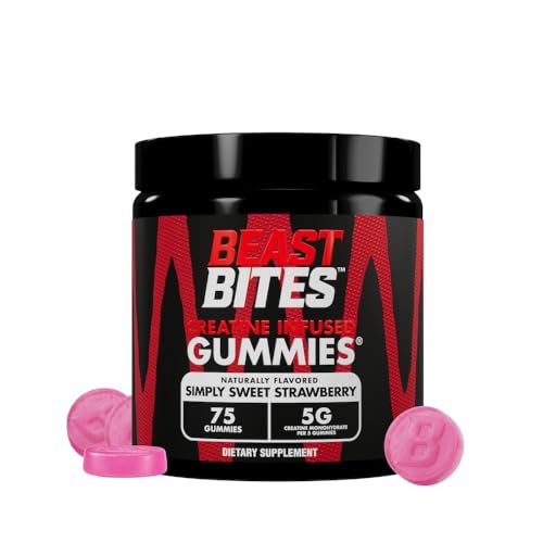 BEAST BITES Creatine Infused Gummies - 5g Creatine Monohydrate Per Serving - NSF Certified for Sport Clean Label Project Certified (75 Gummies Simply Sweet Strawberry)