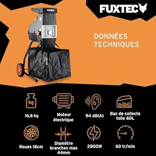 FUXTEC Broyeur de végétaux électrique FX-EGH2800T – 2800W – Système à rouleaux silencieux 92 dB – Branches Ø 44 mm – Sac toile 60 L – Marche arrière – Protection surcharge IPX4