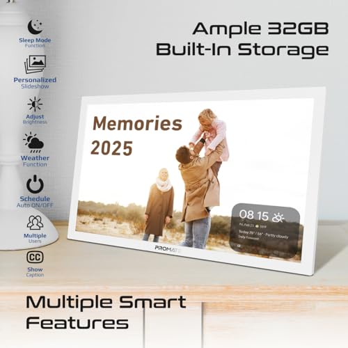 Promate Full HD Digital Photo Frame with Touchscreen, Wireless App Control, Multi Picture & Video Formats Compatibility, USB/TF Card Support, Dual Speakers, Memoria (White, 15.6 Inch)