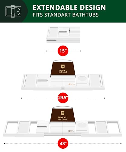 ROYAL CRAFT WOOD Luxury Bathtub Caddy Tray, 1 or 2 Person Bath and Bed Tray, Bath Tub Table Caddy with Extending Sides, Adjustable Organizer Tray for Bathroom - Free Soap Dish (White)