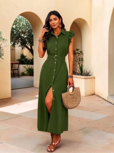 Image of OOMPH! Women's Shirt Midi Dress | Ruffle Sleeves | Button-Down Front | Waist Belt Detail | Collared Neck Casual & Vacation Dress