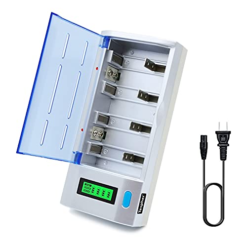 Tespher 6-Slot Smart Battery Charger Fits Ni-Mh Ni-Cd 9V Cell, C, D, A, AA, AAA Rechargeable Batteries - LCD Display Intelligent Battery Charger Built in Discharge Function - Removes Battery Memory